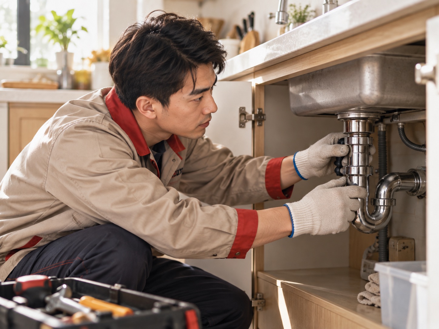 师傅认真检查水槽下方管道